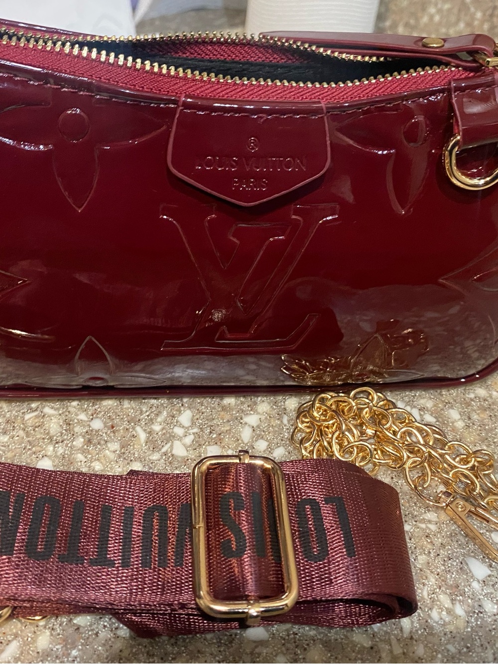 Burgundy Patent Crossbody Bag with Gold Hardware - Picture 4 of 8